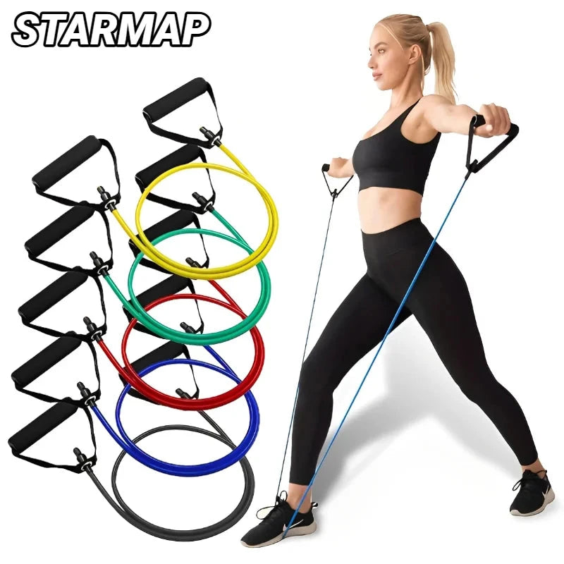 Bandas de resistência com alças para homens e mulheres - equipamento de treinamento de força, corda 5 níveis, tubo banda, exercício, treino, casa